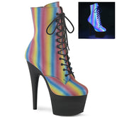 Pleaser ADORE-1020REFL-02 Rainbow Reflective-Black Matte 7 Inch (178mm) Heel, 2 3/4 Inch (70mm) Platform Lace-Up Front Ankle Boot Featuring Reflective Rainbow Effect Upper, Inside Zip Closure